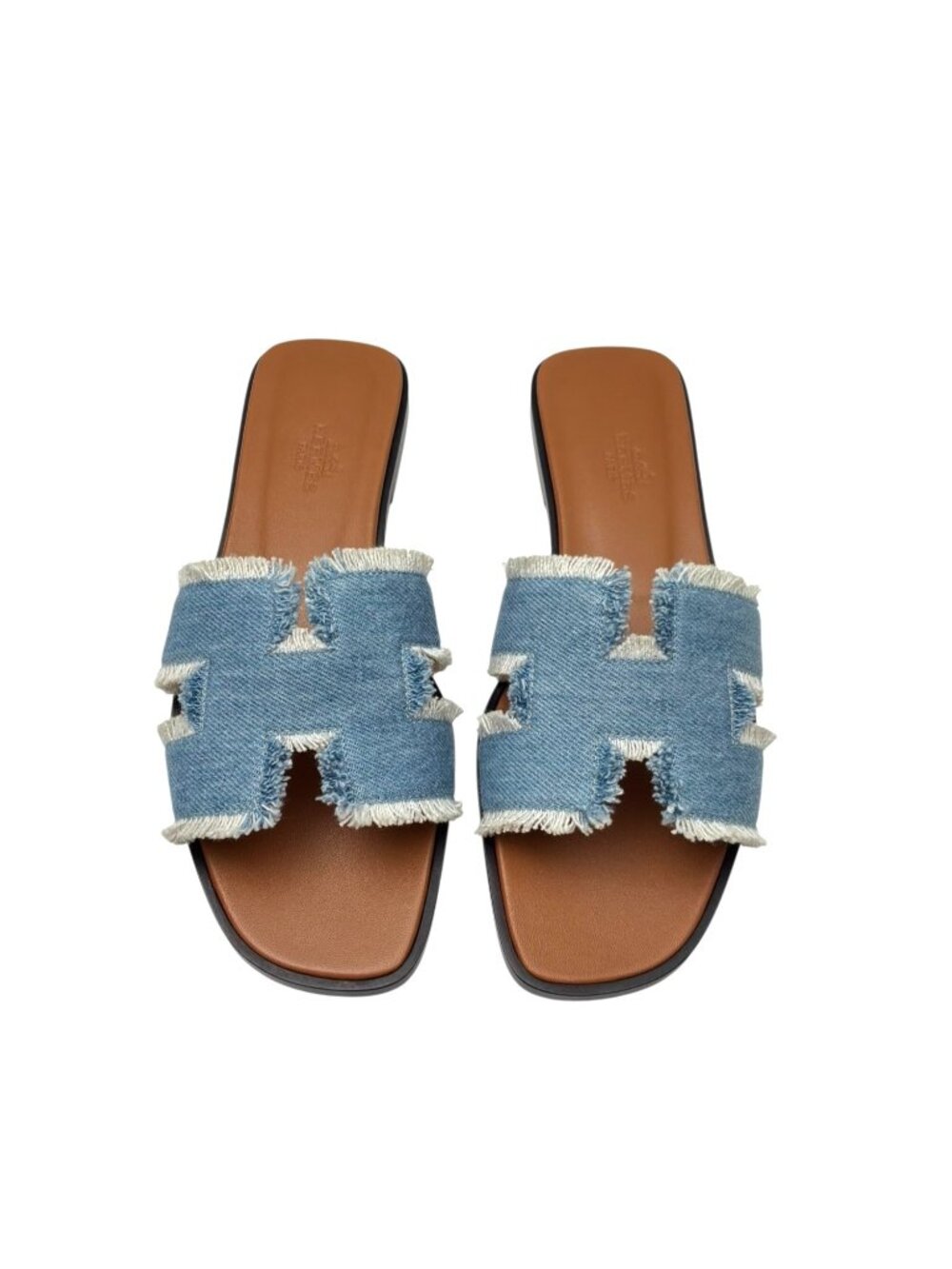 HERMES Fringe Denim "Bleu Clair" Oran Sandals sz 7
